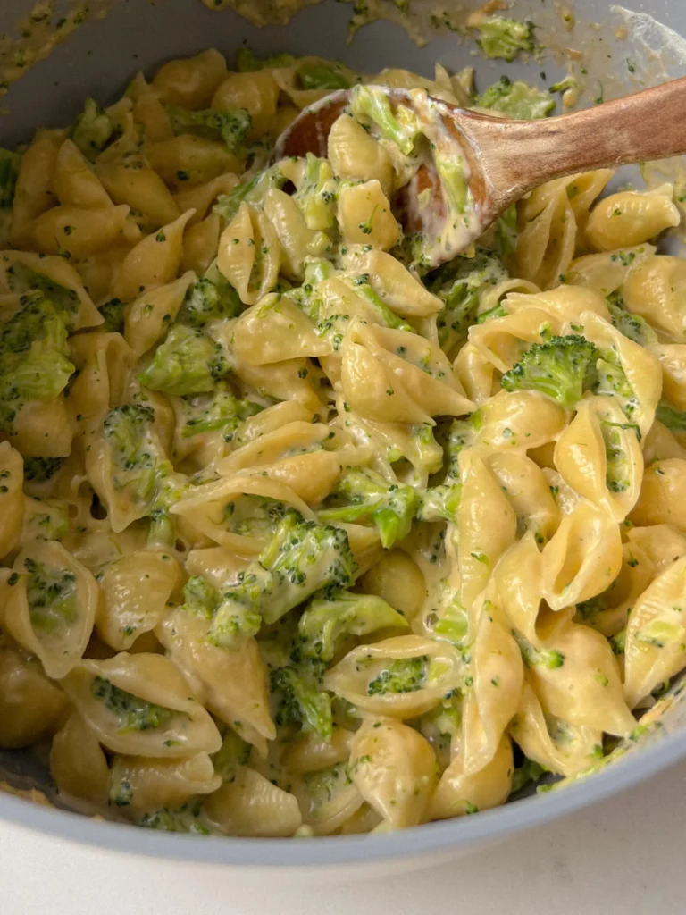Healthy broccoli mac and cheese in one pot, featuring creamy cheese and vibrant broccoli
