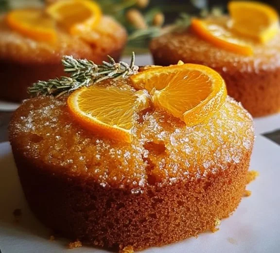 Moist Orange Ginger Honey Cake topped with fresh orange slices and ginger.