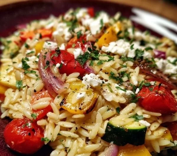 Orzo salad with roasted vegetables and feta cheese in a colorful bowl