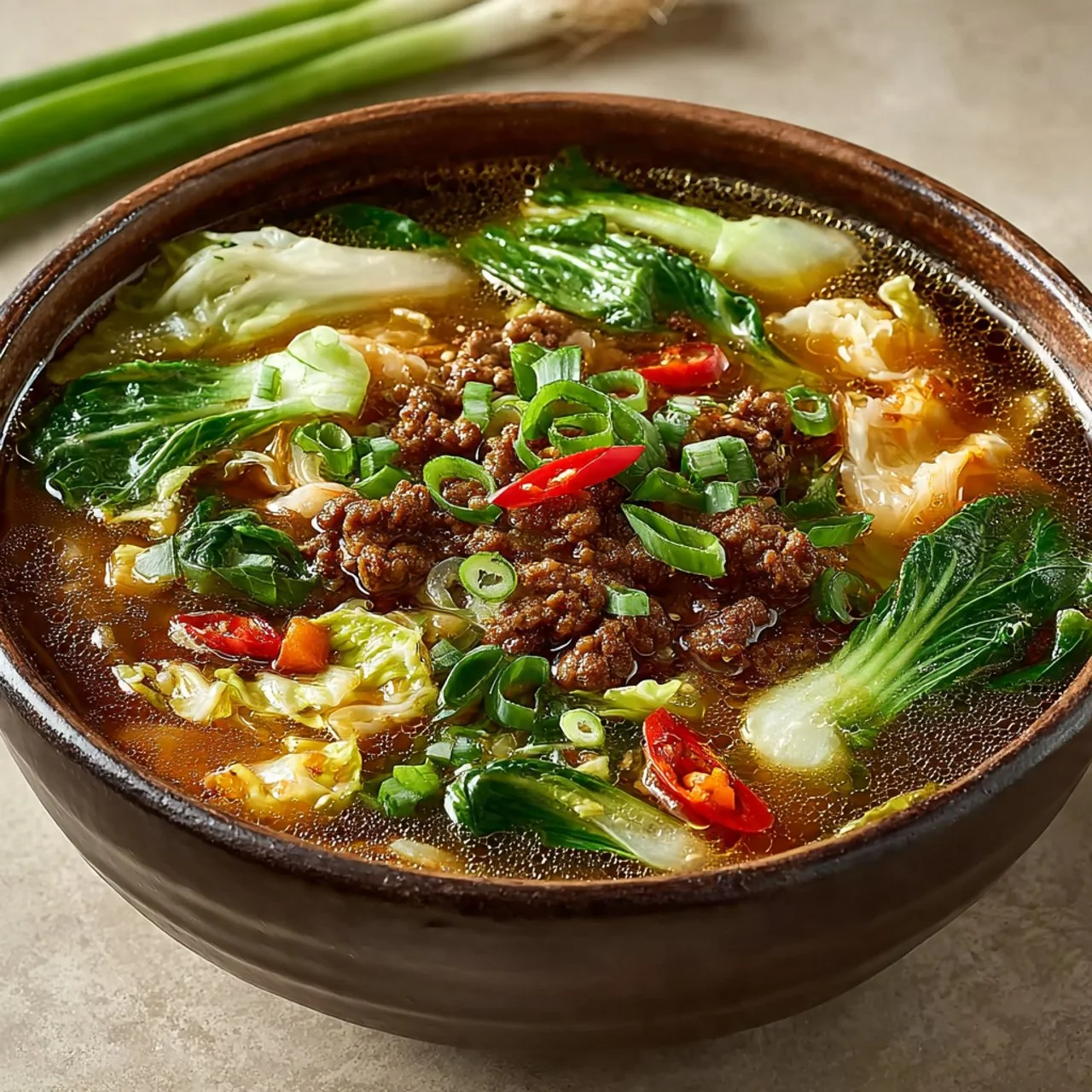 Bowl of Paleo Egg Roll Soup, Whole30 and AIP compliant, with fresh vegetables and broth.