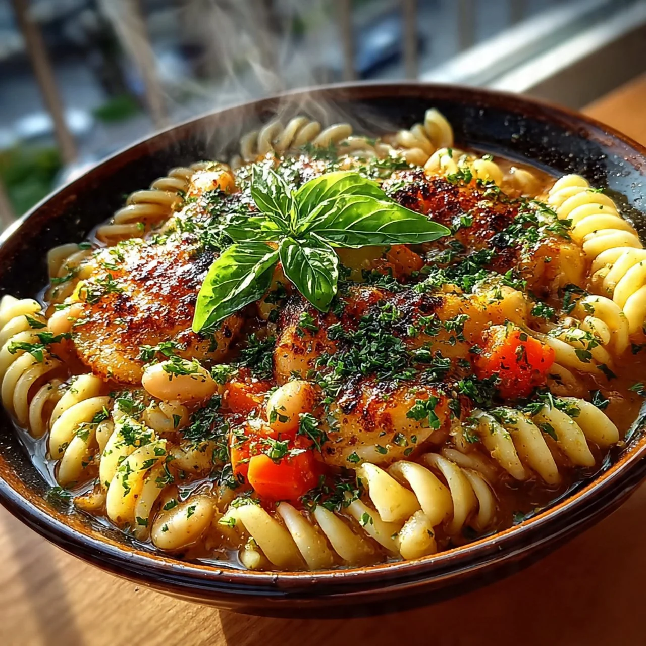 Bowl of Pasta and Beans garnished with herbs and vegetables