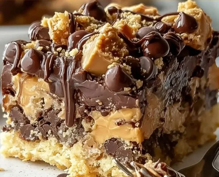Delicious Peanut Butter Cup Dump Cake topped with chocolate and peanut butter.