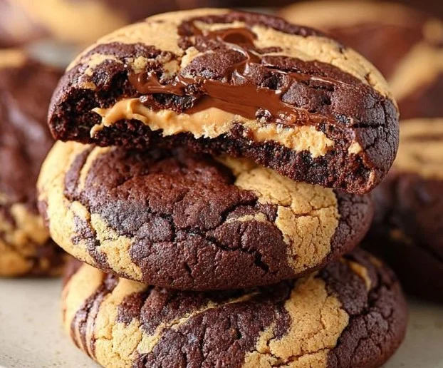 Peanut butter filled brownie cookies stacked on a plate