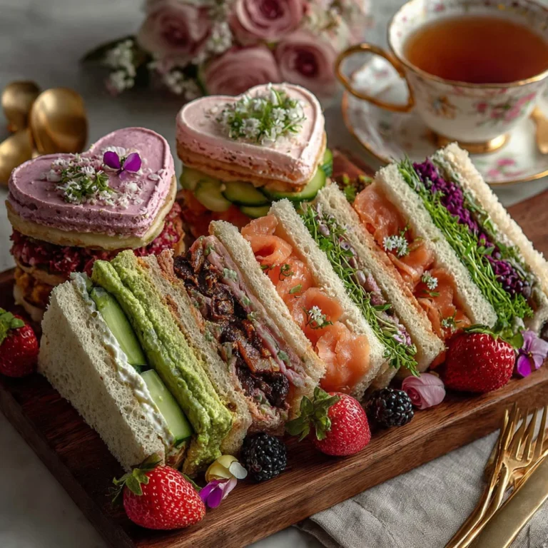 Heart-shaped tea sandwiches on a decorative board for Galentine's Day celebration.