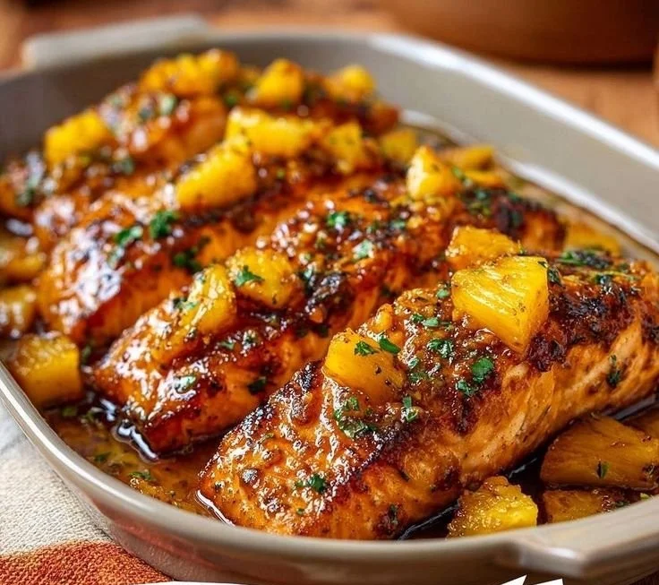 Pineapple glazed salmon garnished with herbs on a white plate