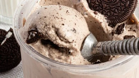 Protein cookies and cream ice cream made with Ninja Creami machine.
