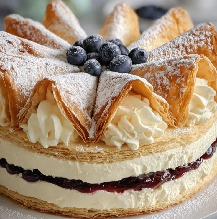 Puff Pastry Berry Cream Cake topped with fresh berries and cream.