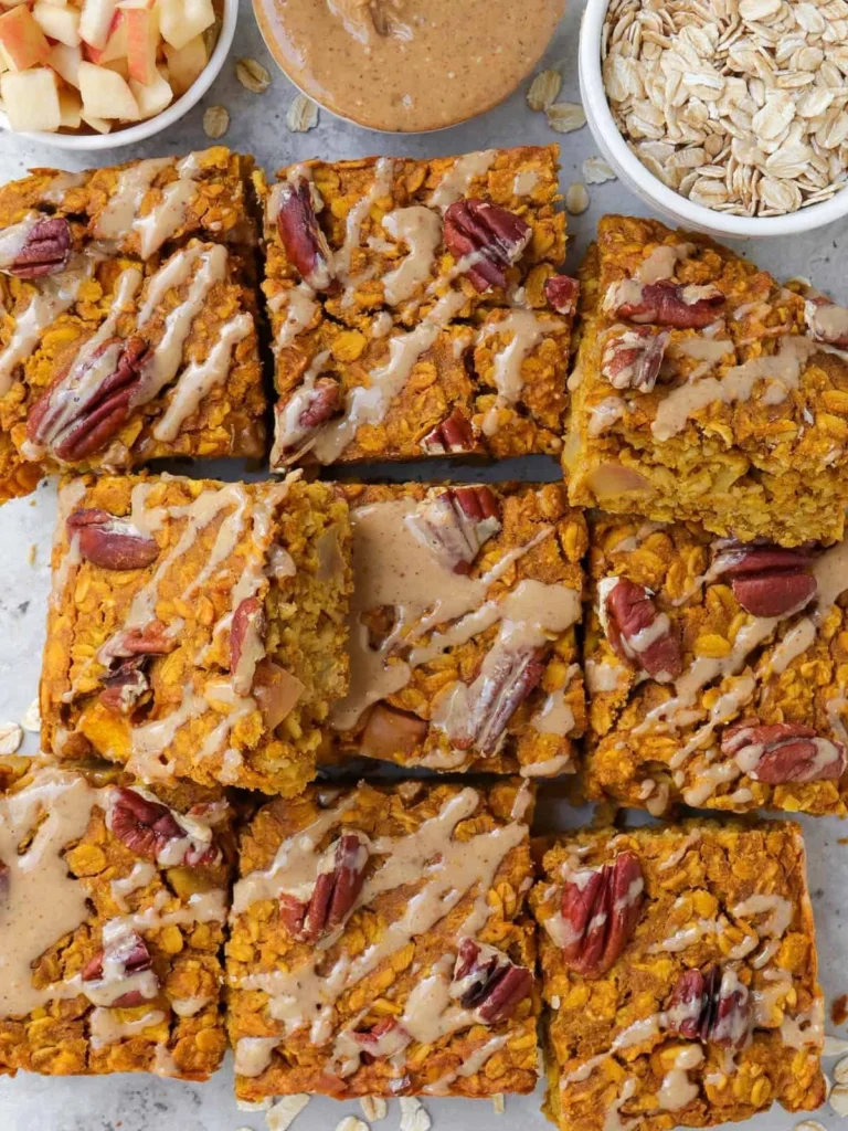 Delicious Pumpkin Apple Baked Oatmeal topped with fresh apples and spices