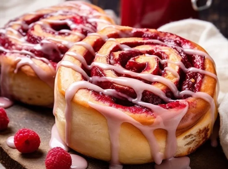 Fresh Raspberry Cinnamon Rolls drizzled with Lemon Glaze on a rustic table