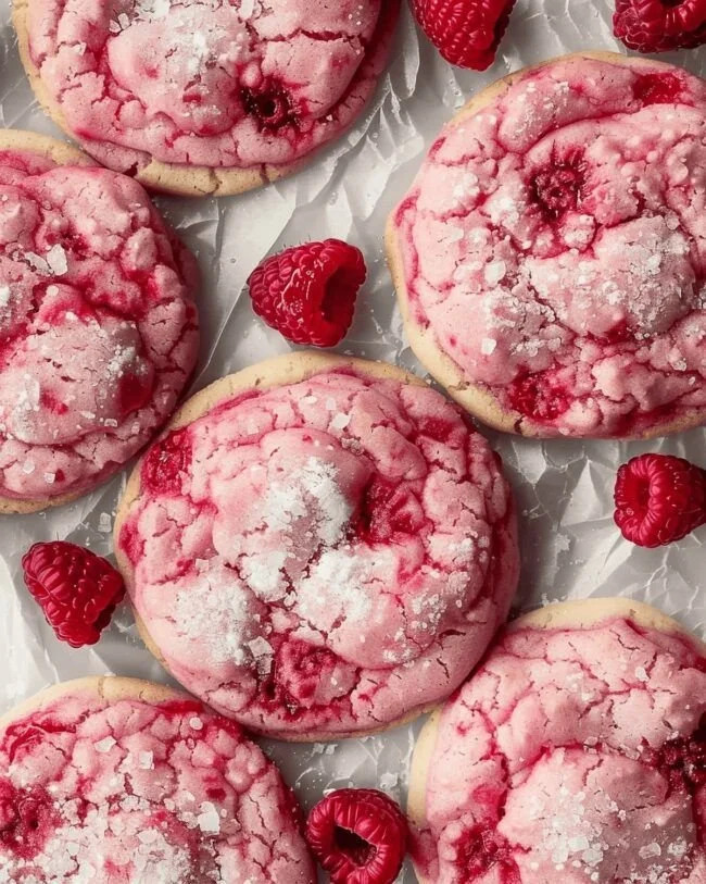 Delicious raspberry cookies freshly baked with raspberries and a golden crust.