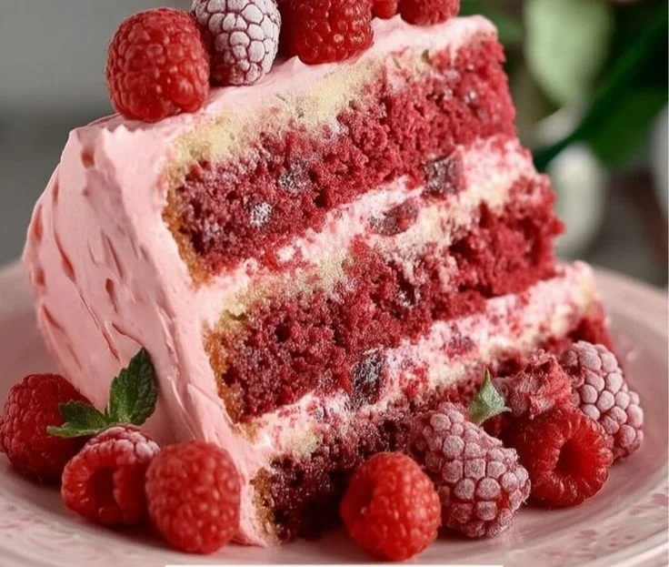 Delicious raspberry layer cake with fresh raspberries and creamy frosting
