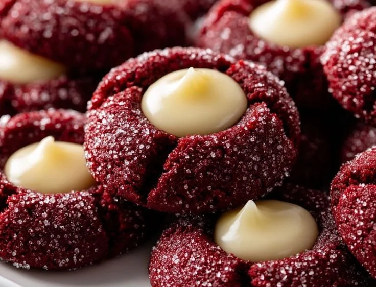 Delicious red velvet cream cheese thumbprint cookies on a platter