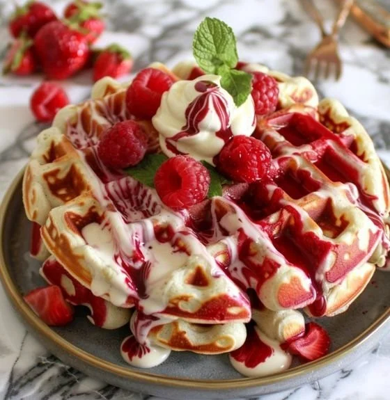 Delicious red velvet marble waffles topped with cream cheese icing