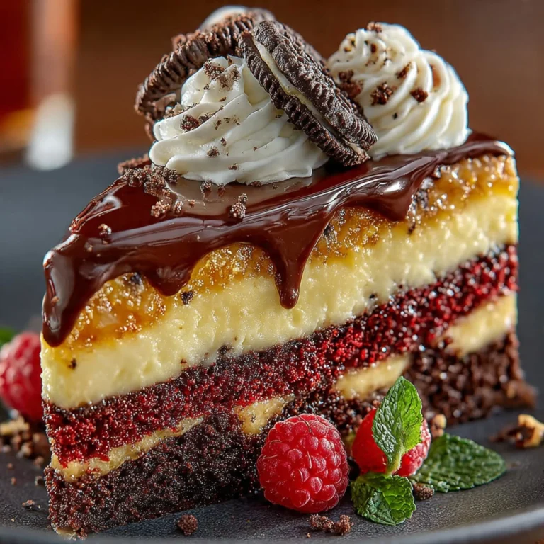 Slice of Red Velvet Oreo Cheesecake with creamy frosting and cookie crust