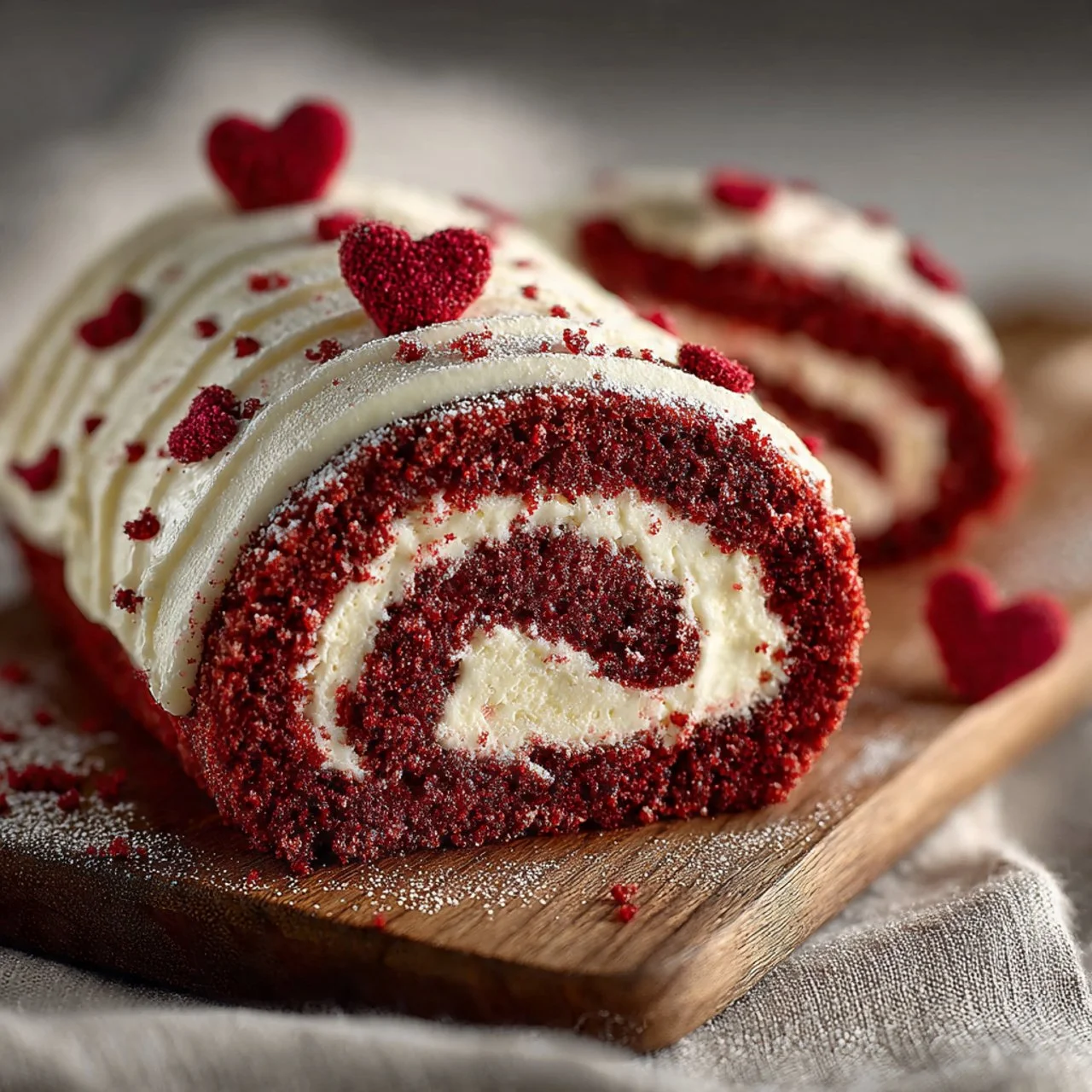Red Velvet Swiss Roll dessert with cream filling, garnished with chocolate shavings