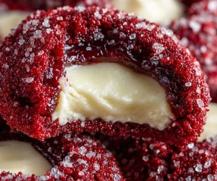 Delicious red velvet thumbprint cookies with creamy filling