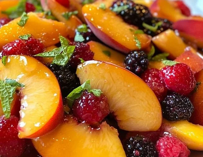 Refreshing summer peach salad with vibrant ingredients in a bowl
