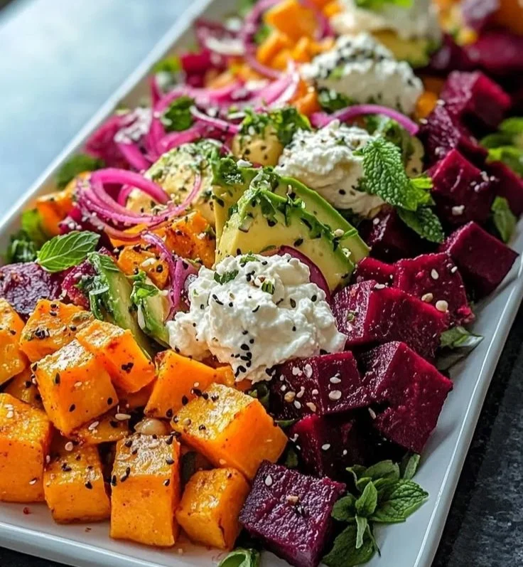 Roasted beet salad with sweet potato, avocado, whipped ricotta, and lemon-tahini drizzle.