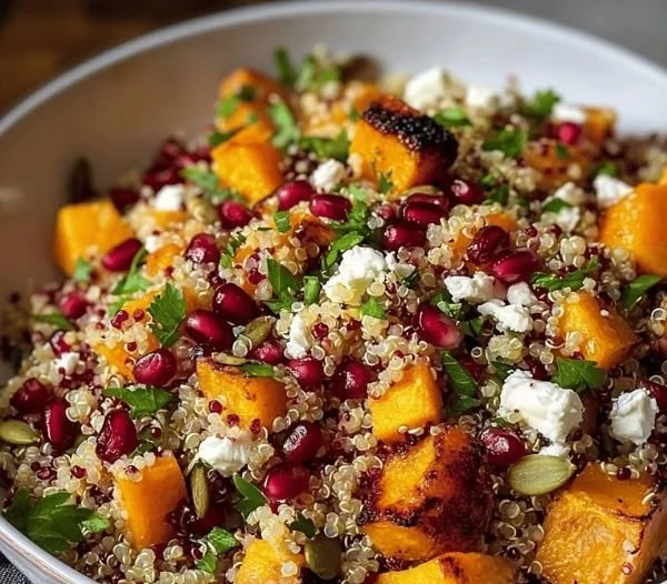 Roasted butternut squash quinoa salad served in a bowl, garnished with herbs.