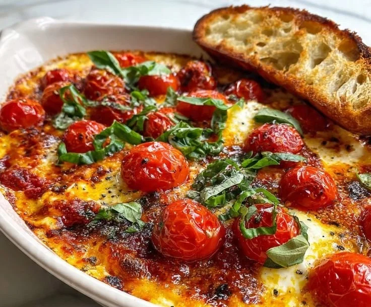 Delicious roasted tomato burrata dip served in a bowl with fresh herbs.
