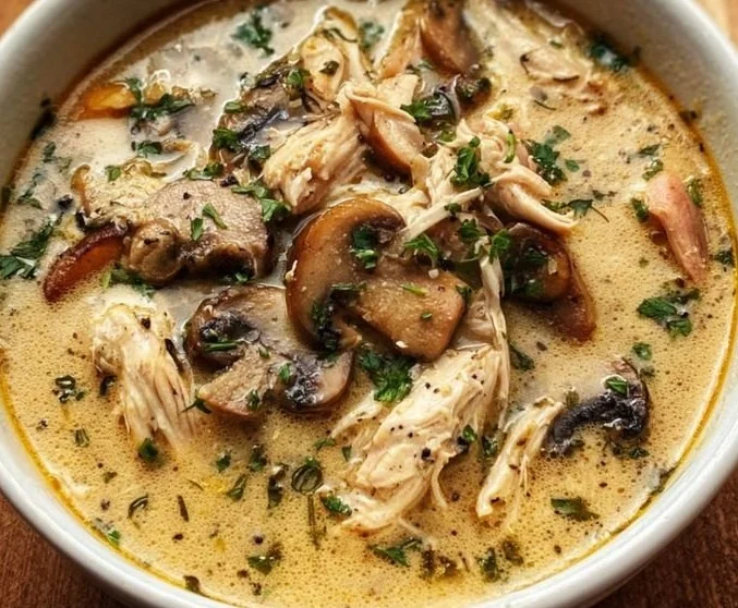 Bowl of Rotisserie Chicken Mushroom Soup garnished with herbs.