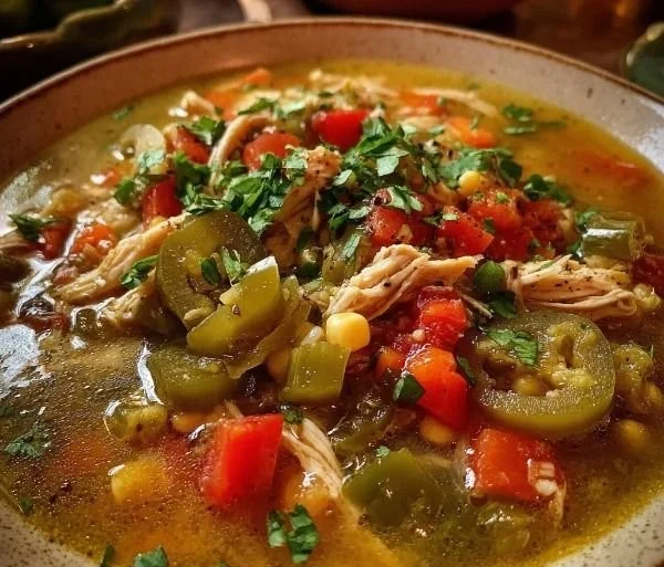 Bowl of Santa Fe green chile chicken soup garnished with fresh cilantro
