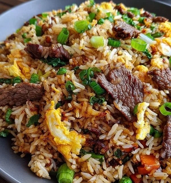 Plate of savory onion beef fried rice with vibrant vegetables and tender beef.