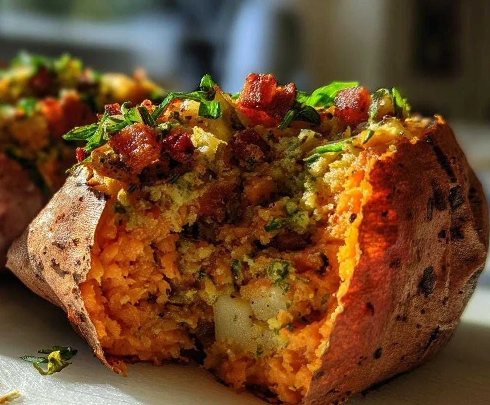 Whole30 stuffed sweet potatoes topped with fresh ingredients for a healthy dinner