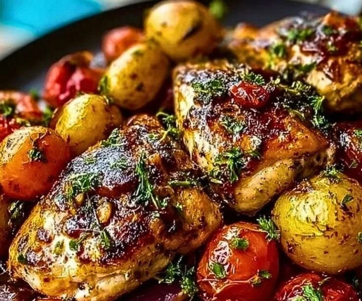 Sheet Pan Balsamic Chicken with colorful vegetables on a baking tray
