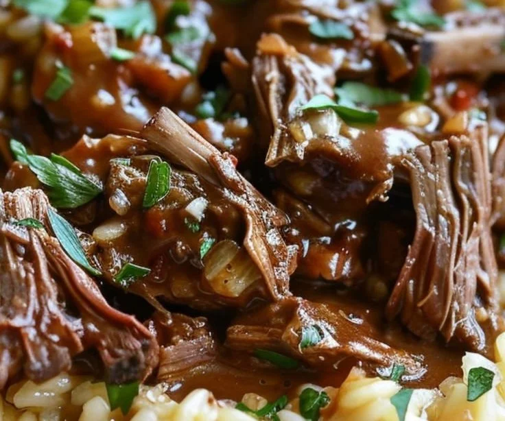 Slow-braised pot roast with creamy Parmesan risotto in a delicious serving.