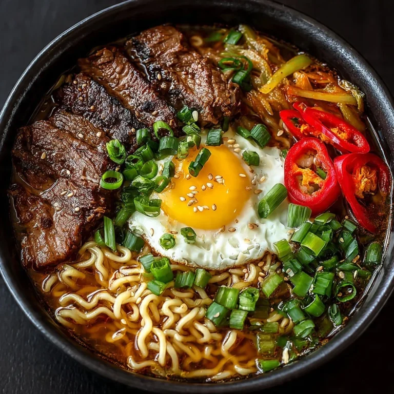 Bowl of slow cooker beef ramen noodles topped with green onions and soft-boiled eggs