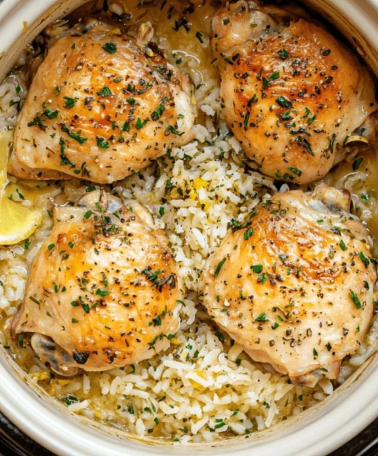 Slow cooker lemon herb chicken served with fluffy rice dish