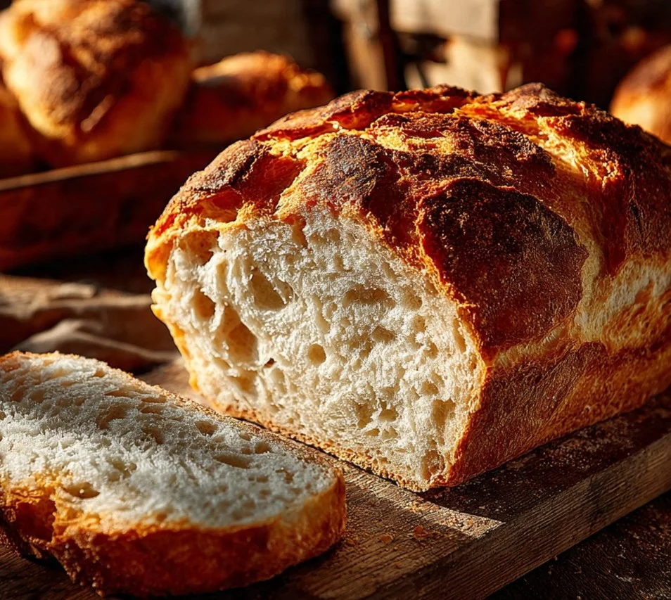 Freshly baked sourdough bread on a wooden table with flour and dough