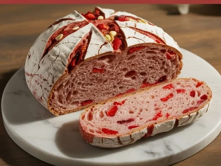 Sourdough white chocolate chips strawberry bread fresh out of the oven