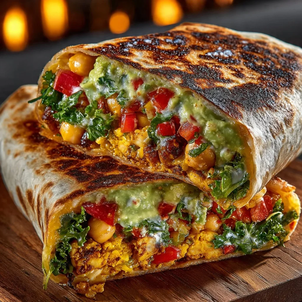 Spicy chickpea and avocado wrap on a plate garnished with fresh herbs