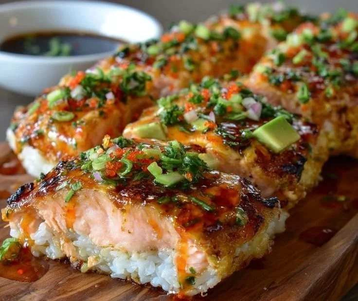 Spicy salmon sushi bake served in a dish, ready to enjoy with chopsticks.