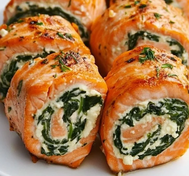 Spinach and feta stuffed salmon pinwheels plated for a delicious meal