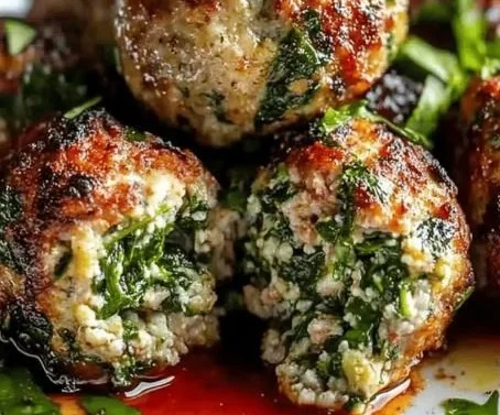Plate of spinach garlic meatballs garnished with herbs