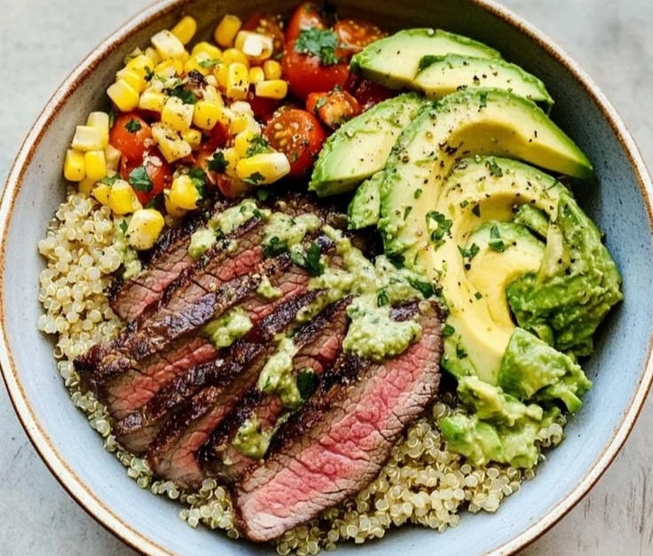Colorful Steak Avocado Corn Bowl with fresh ingredients ready to enjoy