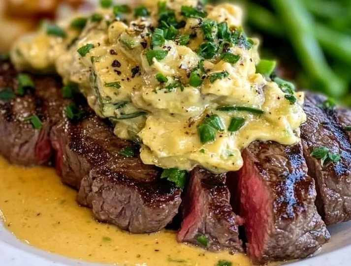 Delicious Steak Oscar topped with crab, asparagus, and buttery hollandaise sauce.