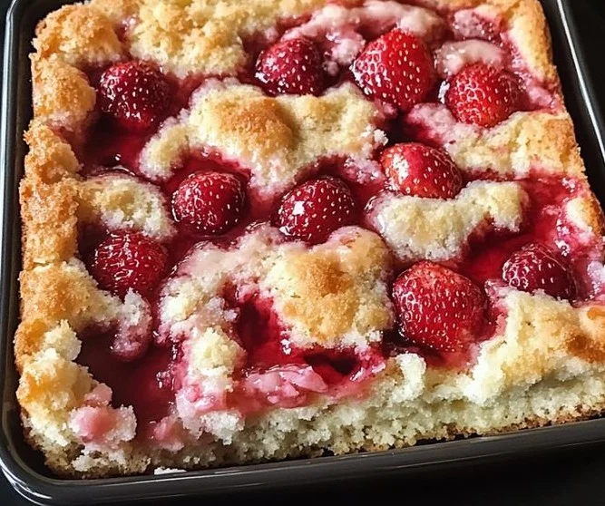 A slice of homemade strawberry dump cake topped with whipped cream