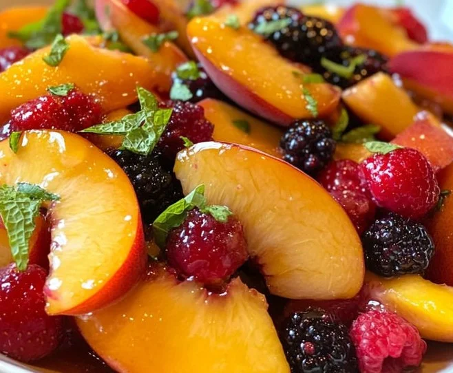 Refreshing summer peach fruit salad with a variety of colorful fruits