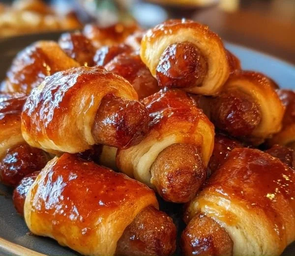 Sweet glazed pigs in a blanket appetizer served on a platter