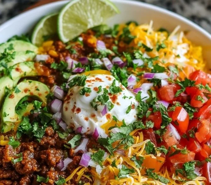 Colorful and appetizing Taco Rice Bowl with fresh ingredients and spices