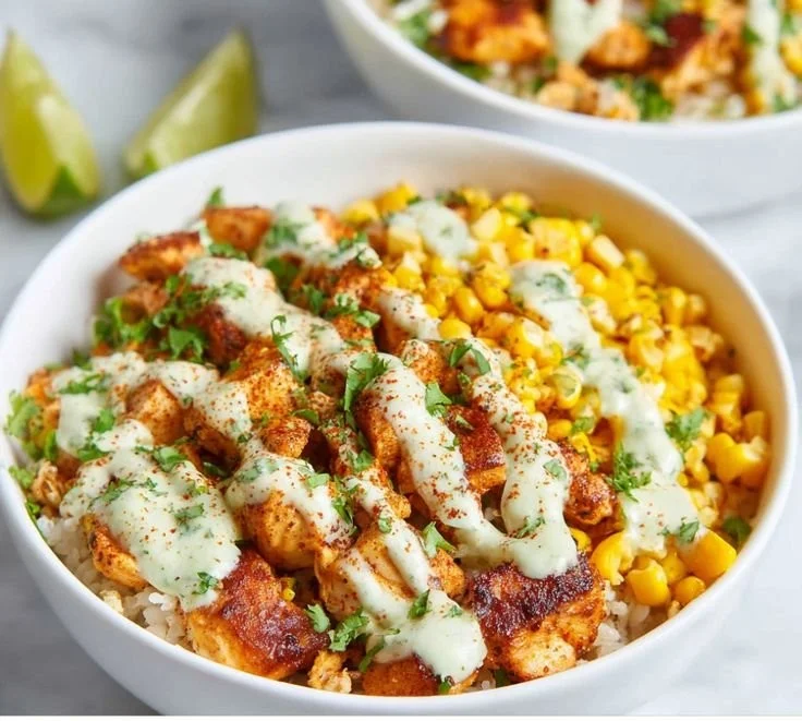 Delicious street corn chicken bowl with grilled chicken and colorful toppings