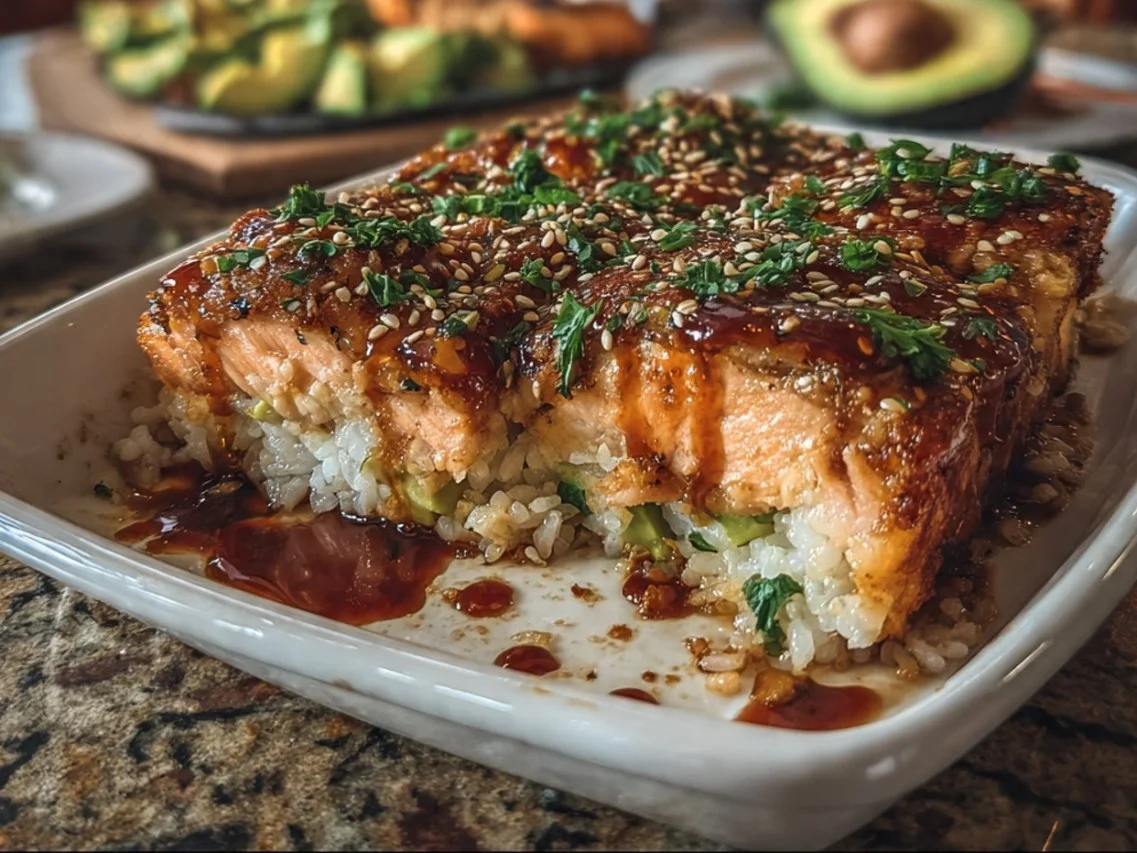 Delicious Teriyaki Salmon Sushi Bake served in a cozy setting for two.