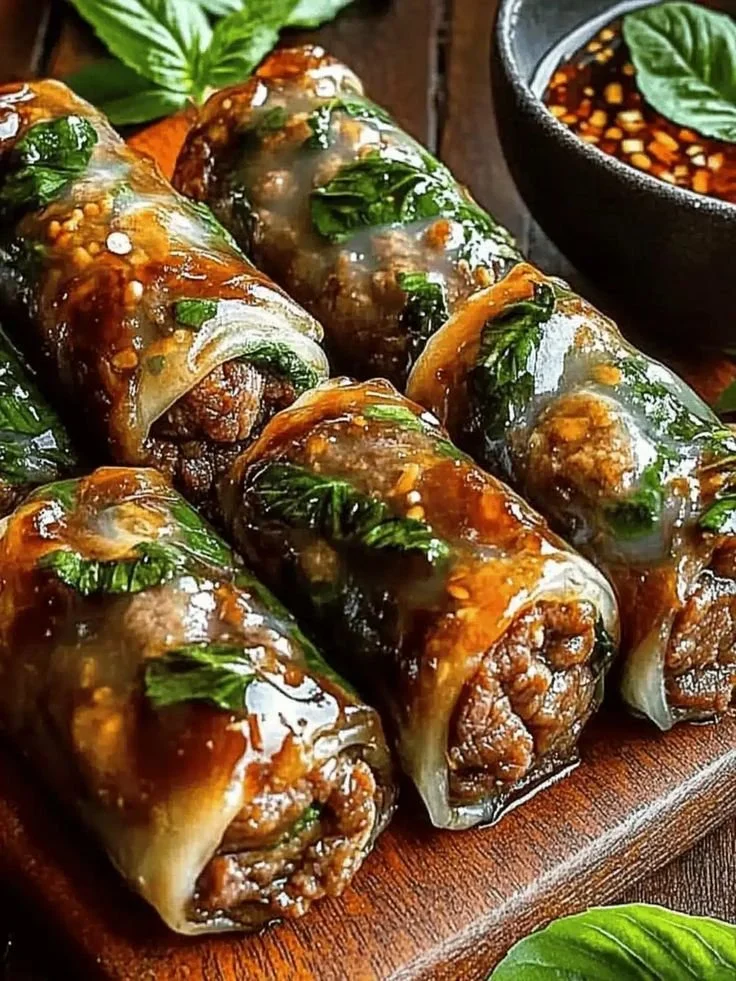 Delicious Thai Basil Beef Rolls served with fresh herbs and spicy sauce.