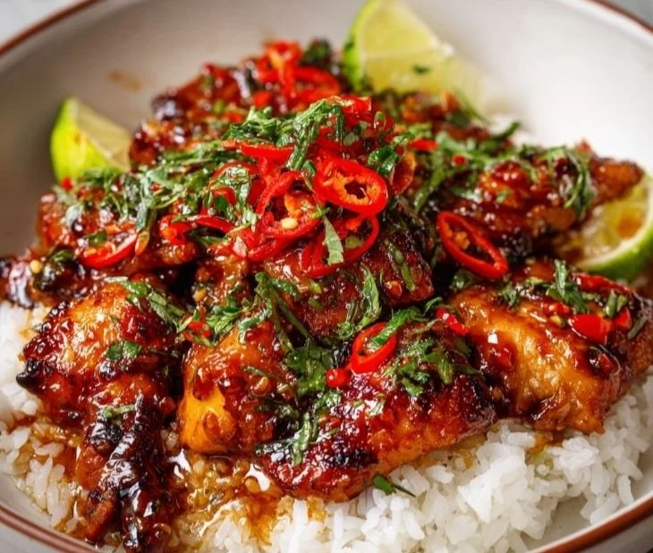Delicious Thai Sweet Chili Chicken garnished with fresh herbs and chillies