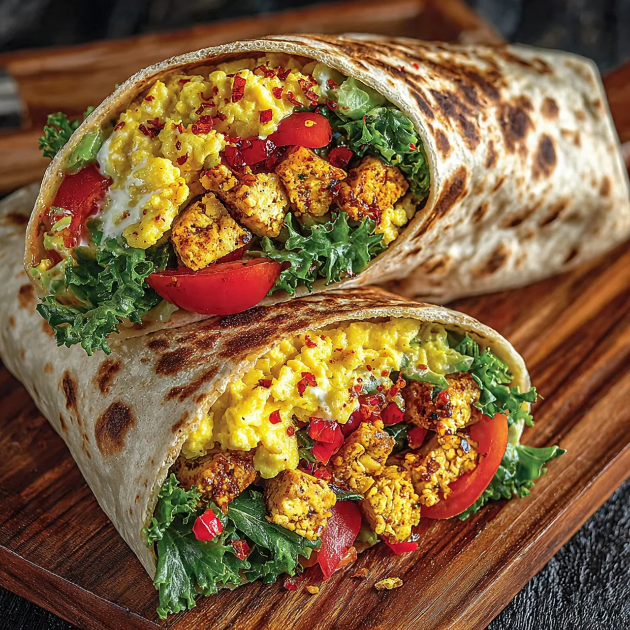 Delicious tofu scramble wrap served with fresh veggies and spices.