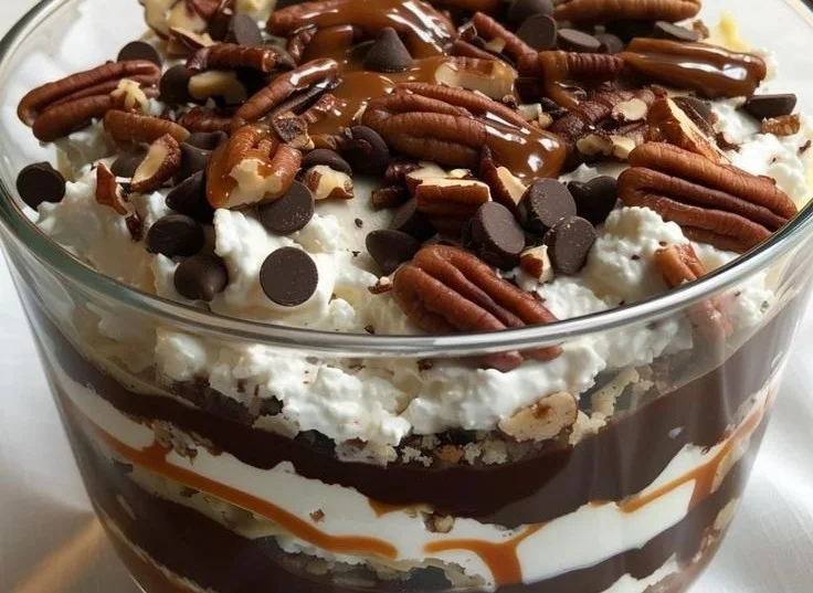 Delicious Turtle Lasagna Dessert with 7 layers of chocolate and caramel